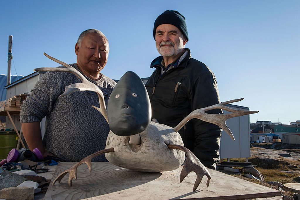 sculptor Mattiusi Iyaituk and filmmaker John Houston