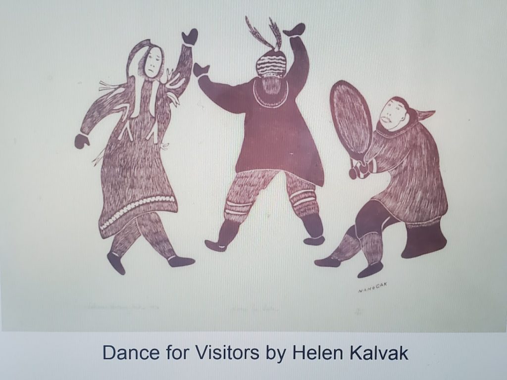 photo of a drawing of drumming and dancing Inuit