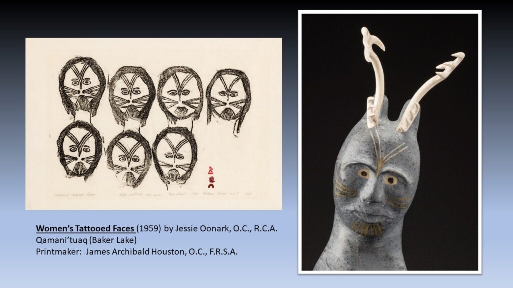 photo of Women's Tattooed Faces by Jessie Oonark and detail of face on Female Shaman by Josiah Nuilaalik