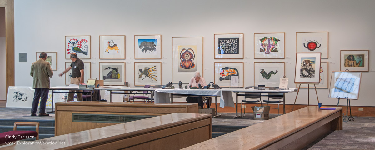 Photo of the 2007 Cape Dorset Fall Print Collection on display at the Dennos Museum Center in Traverse City, Michigan in 2018 © Cindy Carlsson at ExplorationVacation.net
