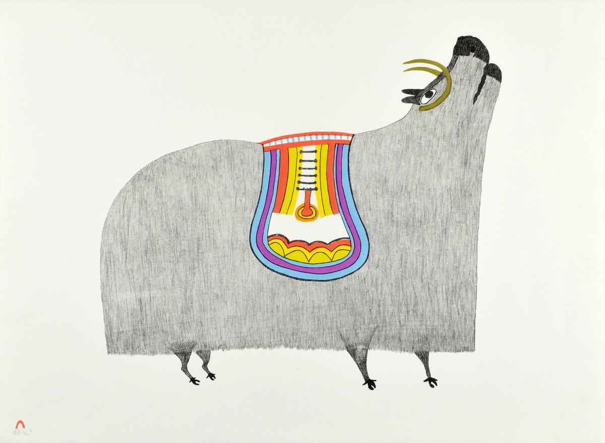 Pudlo Pudlat, Saddled Muskox, 1979. Lithograph on paper, 77 x 57 cm. Art Gallery of Ontario. Promised Gift of Dr. Ronald M. Haynes. © Estate of Pudlo Pudlat. Reproduced with the permission of Dorset Fine Arts. Photo: DFA.