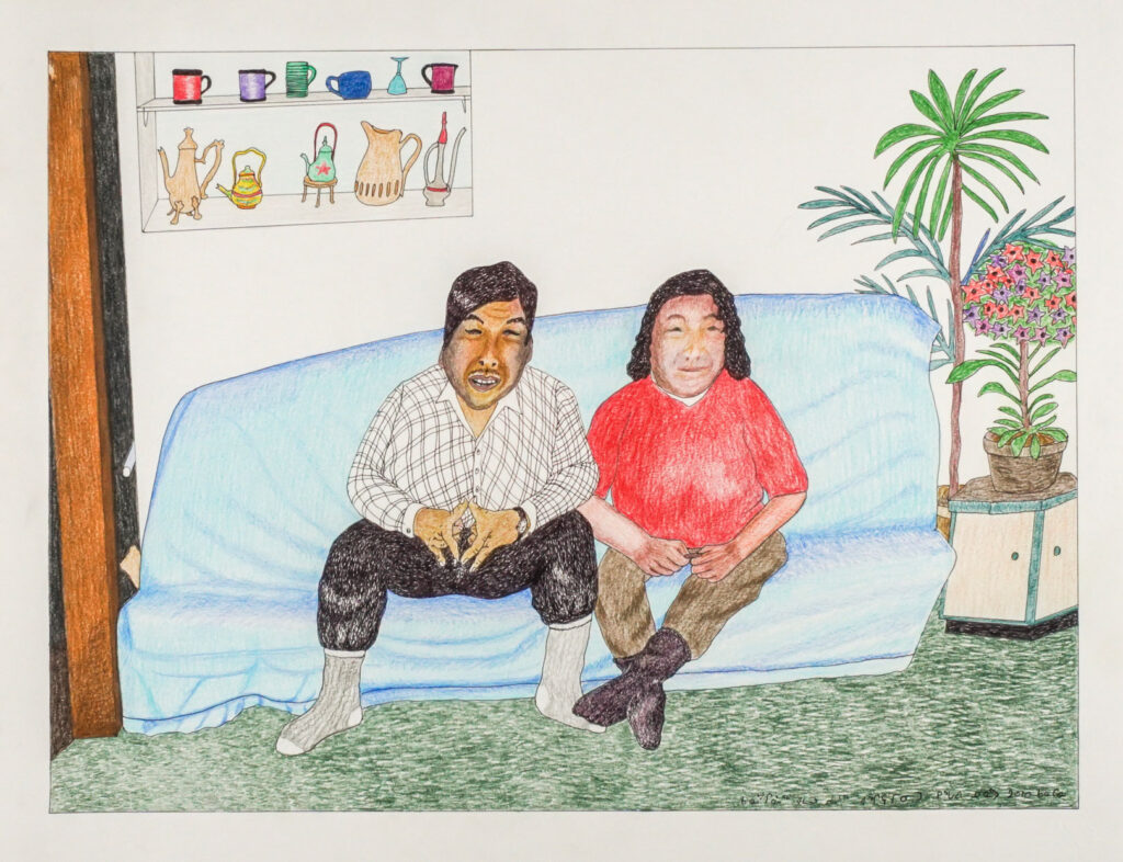 Kananginak Pootoogook (1935–2010), Untitled (Kananginak and his wife Shooyoo in their home), 2010, ink and coloured pencil on paper, 50.8 x 66 cm, Christopher Bredt & Jamie Cameron. © Dorset Fine Arts.