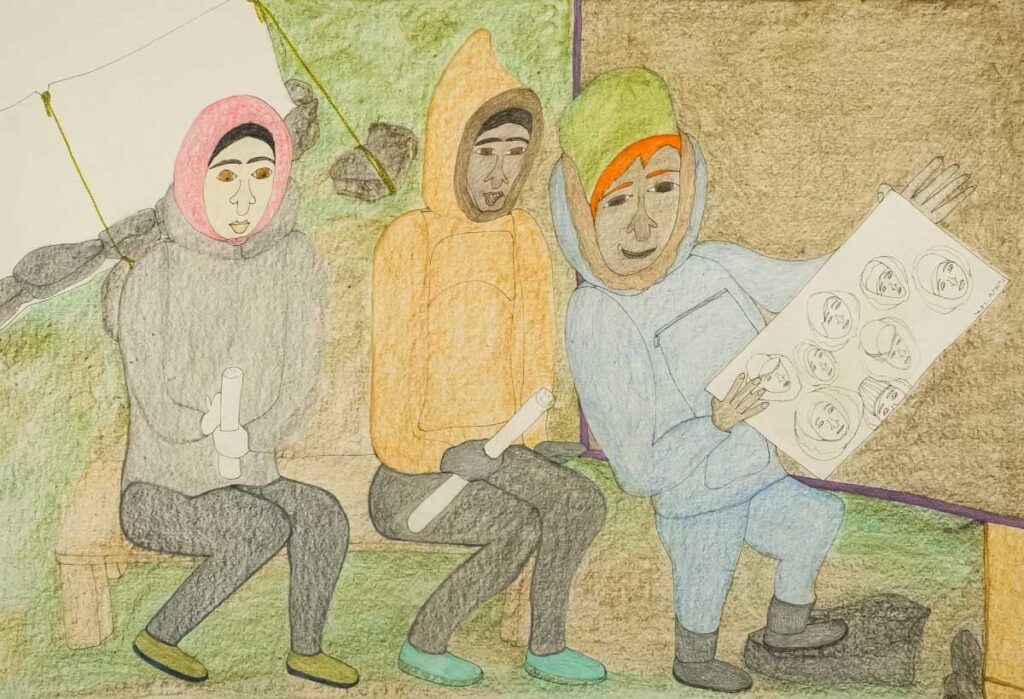 COMPOSITION (SHOWING OFF), Shuvinai Ashoona, 2024, Colored pencil and ink. (Photo from Feheley Fine Arts)