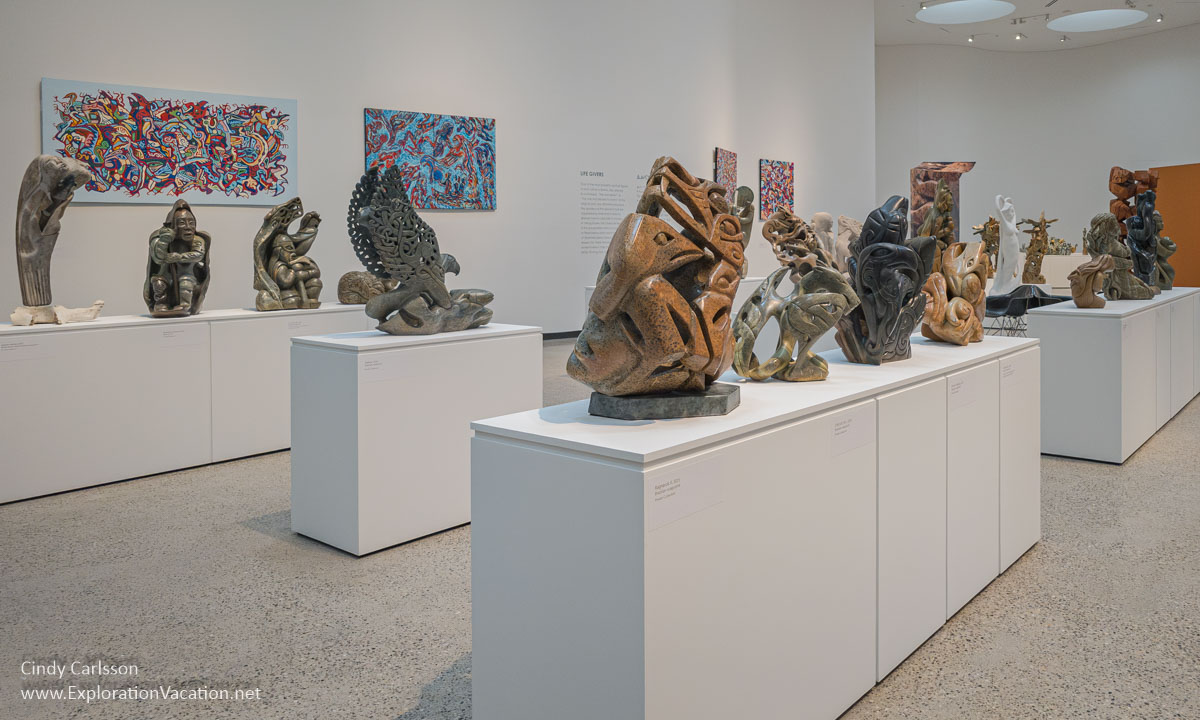 Photo of a portion of the Abraham Anghik Ruben exhibit in the main gallery of the WAG-Qaumajuq, in Winnipeg.