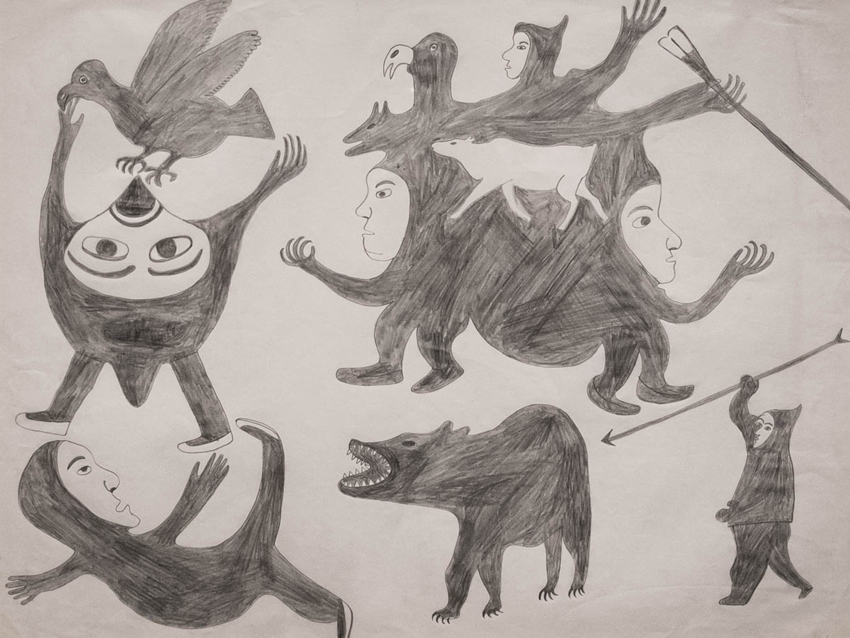 Photo of a drawing by Egevadluq Ragee, UNTITLED, 1960-65, graphite on paper from the archive of the West Baffin Eskimo Co-operative in Kinngait (Cape Dorset), displayed at the McMichael Gallery in Canada,