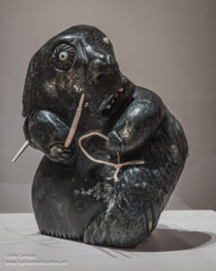 Photo of a stone sculpture by Ralph Porter, Sr. of a "Transforming Shaman" at the Eiteljorg in Indianapolis, Indiana