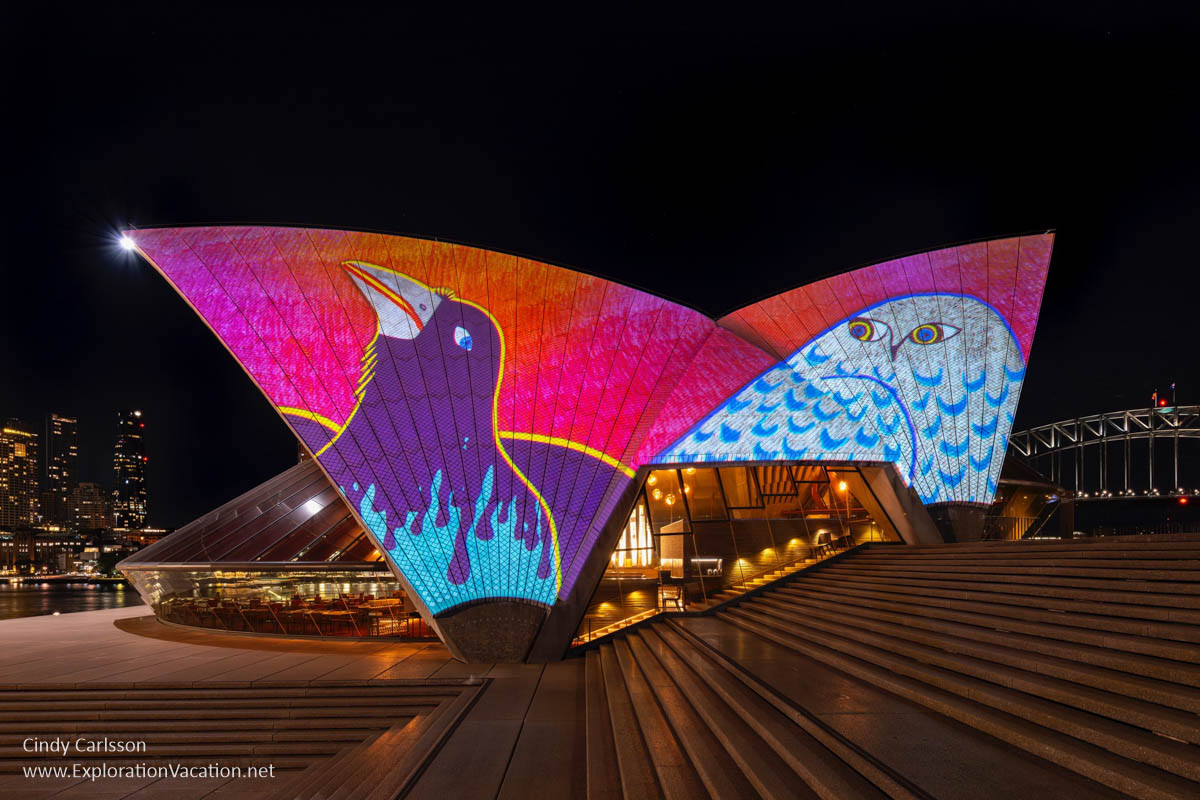 Photo of art by Ningiukulu Teevee projected on the sails of the Sydney Opera House. Photo by Mark Pokorny.