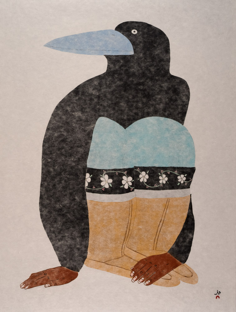 Print of a raven with boots and human hands by Ningiukulu Teevee and Printmaker: Ashoona Ashoona; 2021 (Photo: Lianed Marcoleta)