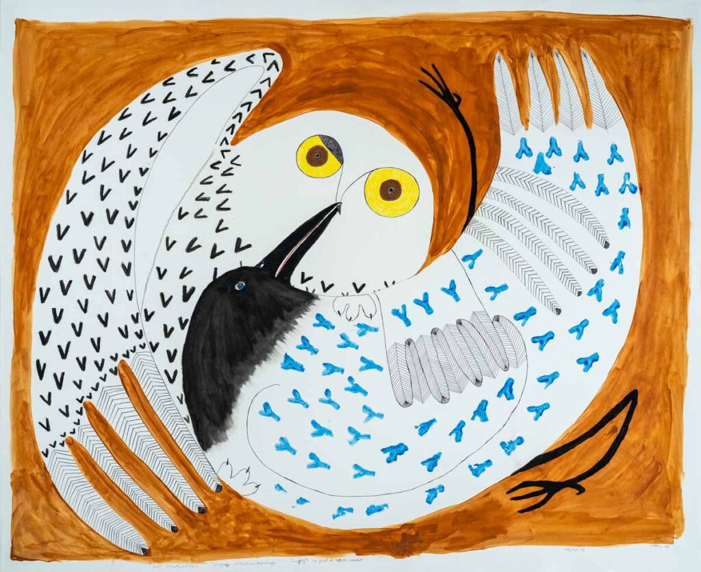 Ningiukulu Teevee (Canadian (Kinngait), b. 1963); Tulugaq's No Point of Return Moment, 2022; acrylic on paper; 127 x 157 cm; Art in Practice Collection of Cholakis Dental Group (Photo: Lianed Marcoleta).