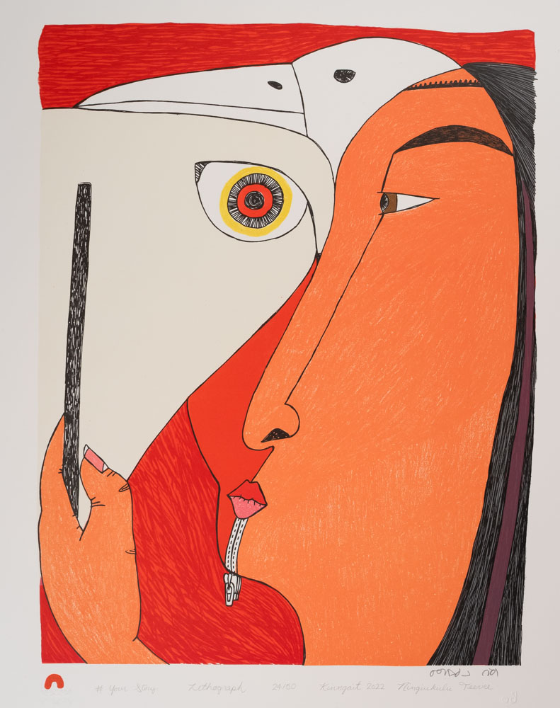 Lithograph of a woman and two birds by Ningingiukulu Teevee and printed by Niveaksie Quvianaqtuliaq (Photo: Lianed Marcoleta)