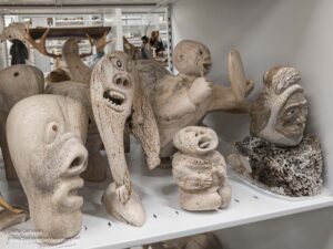 Whale bone and other carvings in storage.