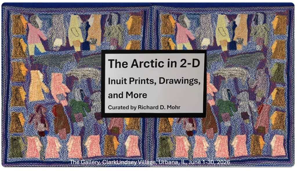 Opening slide from The Arctic in 2-D with text over an embroidered textile.