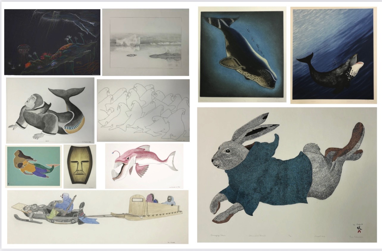 A selection of Tim Pitsiulak prints and drawings.